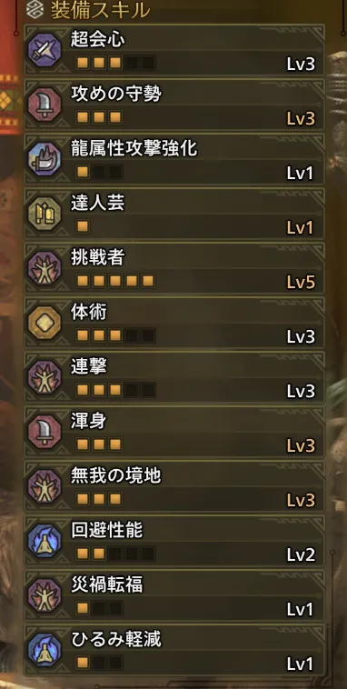 超会心Lv3
攻めの守勢Lv3
龍属性攻撃強化Lv1
達人芸Lv1
挑戦者Lv5
体術Lv3
連撃Lv3
渾身Lv3
無我の境地Lv3
回避性能Lv2
災禍転福Lv1
ひるみ軽減Lv1