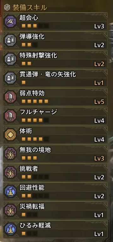超会心Lv3
弾道強化Lv2
特殊射撃強化Lv2
貫通弾・竜の矢強化Lv1
弱点特効Lv5
フルチャージLv4
体術Lv4
無我の境地Lv3
挑戦者Lv2
回避性能Lv2
災禍転福Lv1
ひるみ軽減Lv1