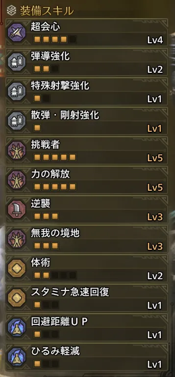 超会心Lv4
弾道強化Lv2
特殊射撃強化Lv1
散弾・剛射強化Lv1
力の開放Lv5
挑戦者Lv5
無我の境地Lv3
逆襲Lv3
体術Lv2
スタミナ急速回復Lv1
回避距離UPLv1
ひるみ軽減Lv1