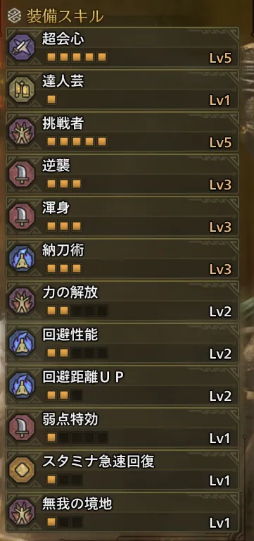 超会心Lv5
達人芸Lv1
挑戦者Lv5
逆襲Lv3
渾身Lv3
納刀術Lv3
力の開放Lv2
回避性能Lv2
回避距離UPLv2
弱点特効Lv1
スタミナ急速回復Lv1
無我の境地Lv1