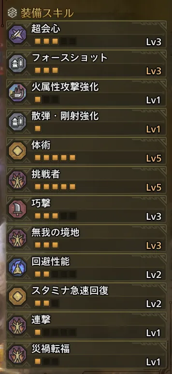 超会心Lv3
フォースショットLv3
火属性攻撃強化Lv1
散弾・剛射強化Lv1
体術Lv5
挑戦者Lv5
巧撃Lv3
無我の境地Lv3
回避性能Lv2
スタミナ急速回復Lv2
連撃Lv1
災禍転福Lv1