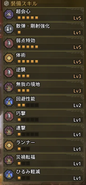 超会心Lv5
散弾・剛射強化Lv1
弱点特効Lv5
体術Lv5
逆襲Lv3
無我の境地Lv3
回避性能Lv2
巧撃Lv1
連撃Lv1
ランナーLv1
災禍転福Lv1
ひるみ軽減Lv1