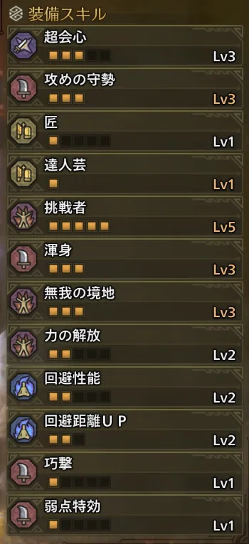 超会心Lv3
攻めの守勢Lv3
匠Lv1
達人芸Lv1
挑戦者Lv5
渾身Lv3
無我の境地Lv3
力の開放Lv2
回避性能Lv2
回避距離UPLv2
巧撃Lv1
弱点特効Lv1