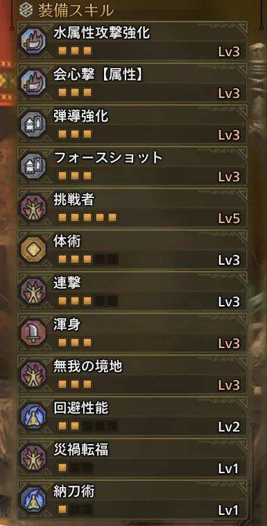 水属性攻撃強化Lv3
会心撃【属性】Lv3
弾道強化Lv3
フォースショットLv3
挑戦者Lv5
体術Lv3
連撃Lv3
渾身Lv3
無我の境地Lv3
回避性能Lv2
災禍転福Lv1
納刀術Lv1