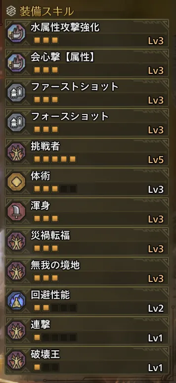 水属性攻撃強化Lv3
会心撃【属性】Lv3
ファーストショットLv3
フォースショットLv3
挑戦者Lv5
体術Lv3
渾身Lv3
災禍転福Lv3
無我の境地Lv3
回避性能Lv3
連撃Lv1
破壊王Lv1