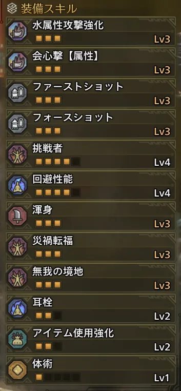 水属性攻撃強化Lv3
会心撃【属性】Lv3
ファーストショットLv3
フォースショットLv3
挑戦者Lv4
回避性能Lv4
渾身Lv3
災禍転福Lv3
無我の境地Lv3
耳栓Lv2
アイテム使用強化Lv2
体術Lv1