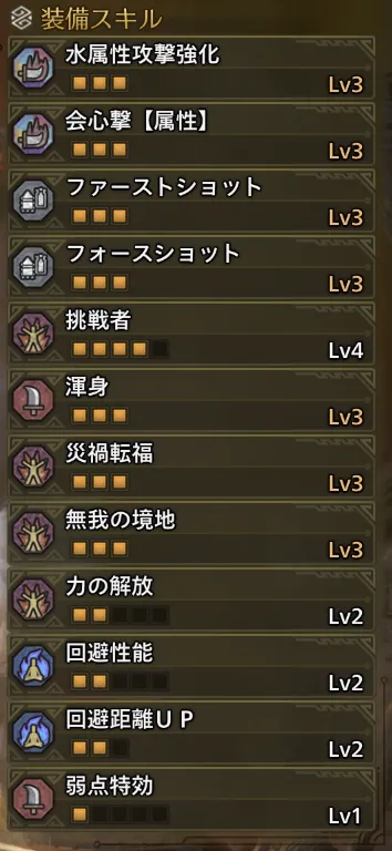水属性攻撃強化Lv3
会心撃【属性】Lv3
ファーストショットLv3
フォースショットLv3
挑戦者Lv4
渾身Lv3
災禍転福Lv3
無我の境地Lv3
力の開放Lv2
回避性能Lv2
弱点特効Lv1